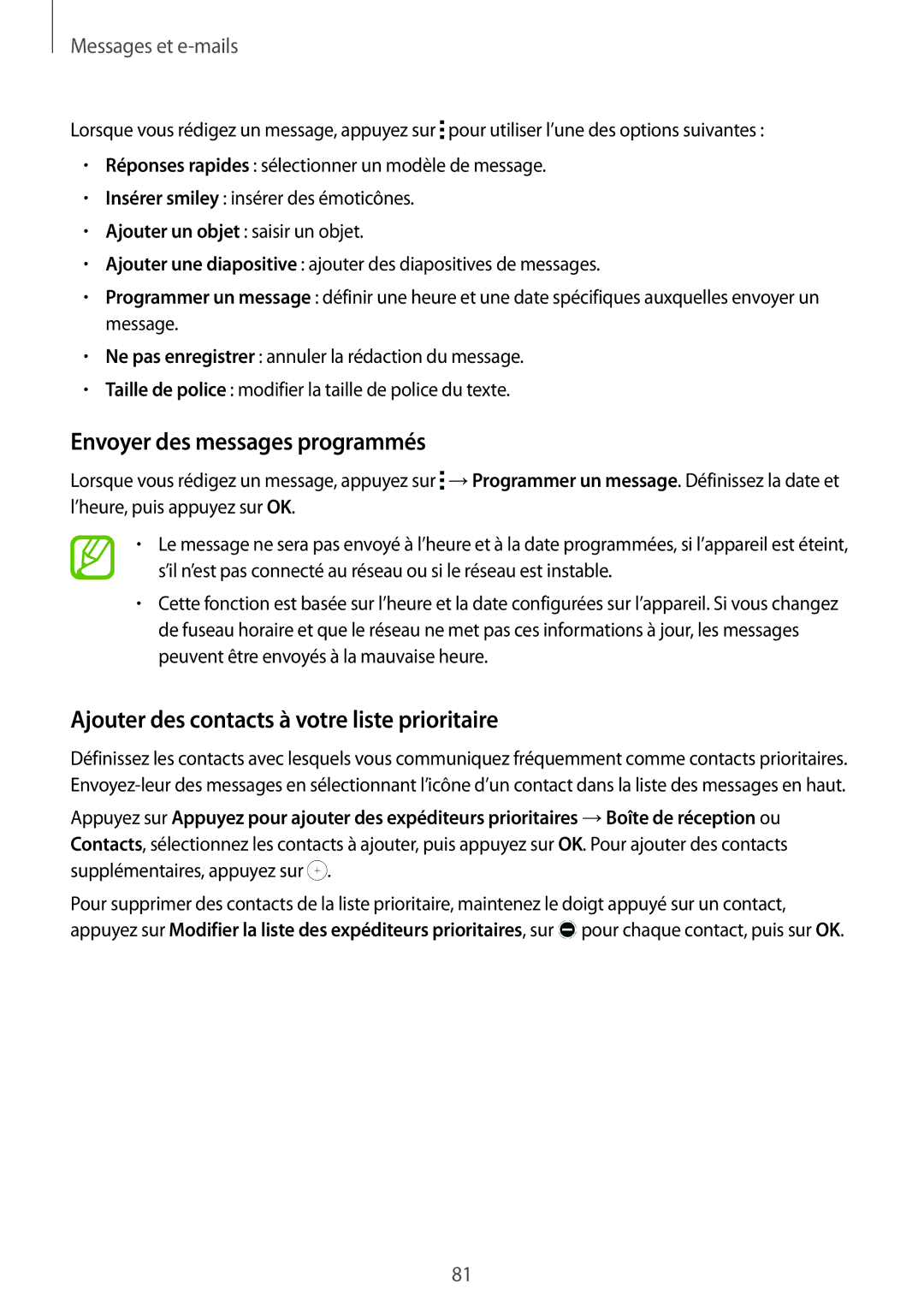 Samsung SM-G850FZKEXEF, SM-G850FHSEBOG Envoyer des messages programmés, Ajouter des contacts à votre liste prioritaire 