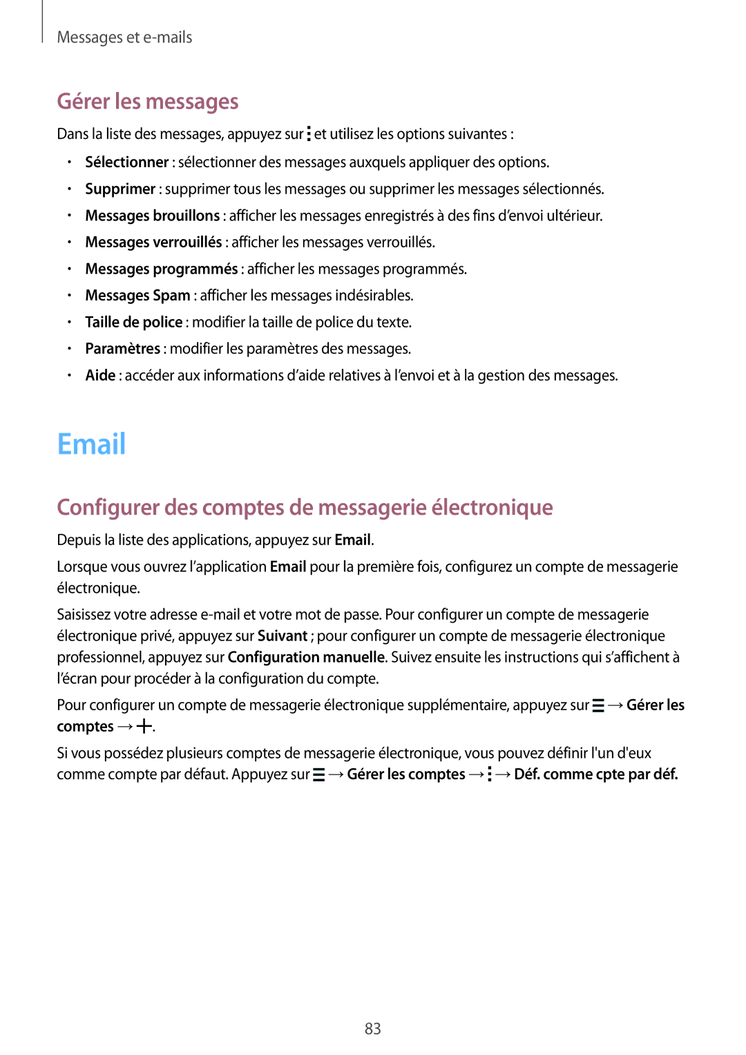 Samsung SM-G850FZDESFR, SM-G850FZKEXEF manual Gérer les messages, Configurer des comptes de messagerie électronique 