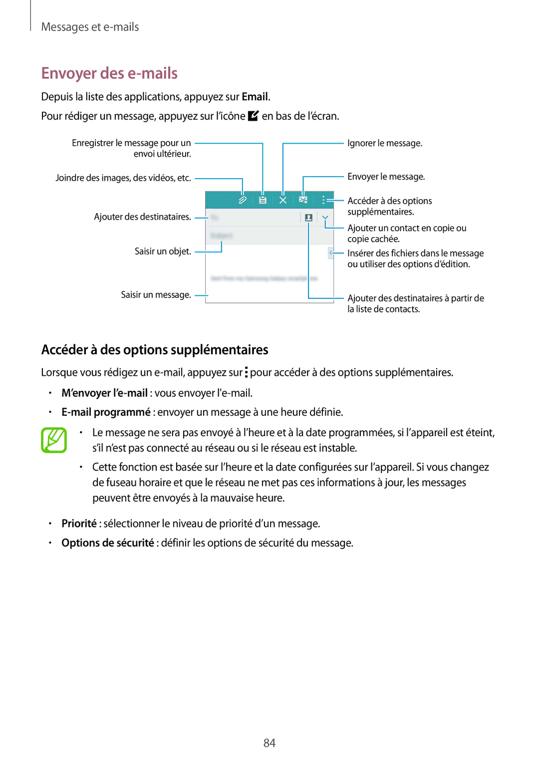 Samsung SM-G850FHSEXEF, SM-G850FZKEXEF, SM-G850FHSEBOG manual Envoyer des e-mails, Accéder à des options supplémentaires 