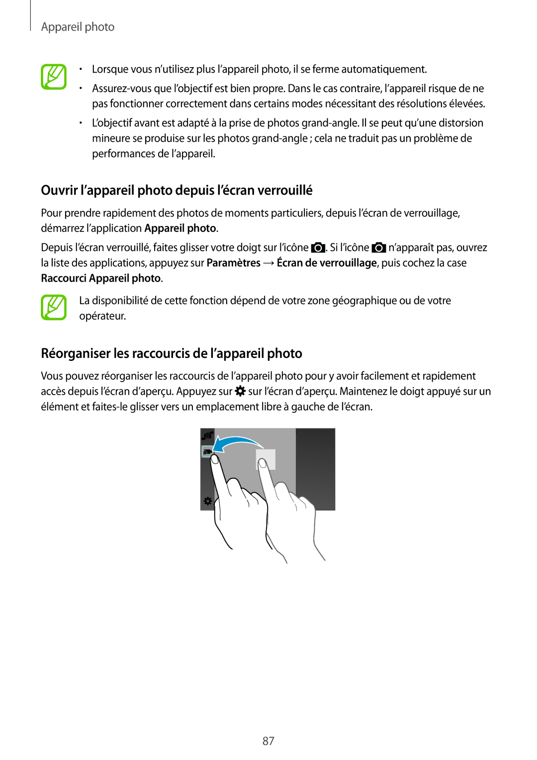 Samsung SM-G850FZDEXEF Ouvrir l’appareil photo depuis l’écran verrouillé, Réorganiser les raccourcis de l’appareil photo 