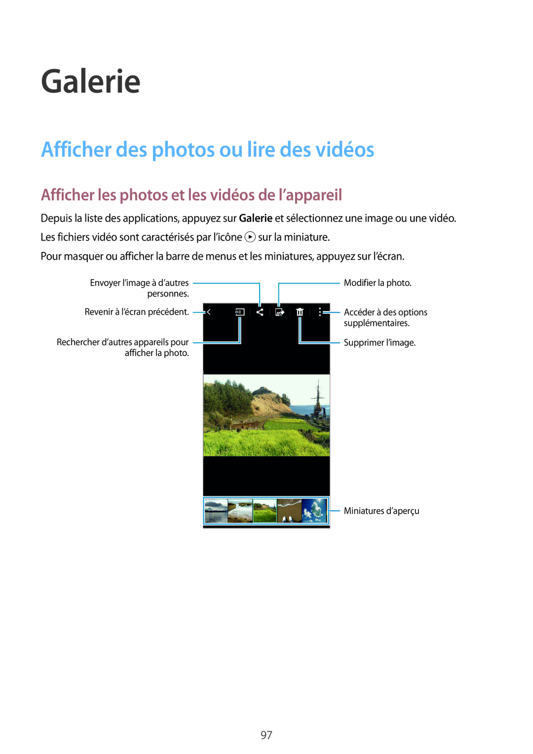 Samsung SM-G850FZDEFTM Galerie, Afficher des photos ou lire des vidéos, Afficher les photos et les vidéos de l’appareil 