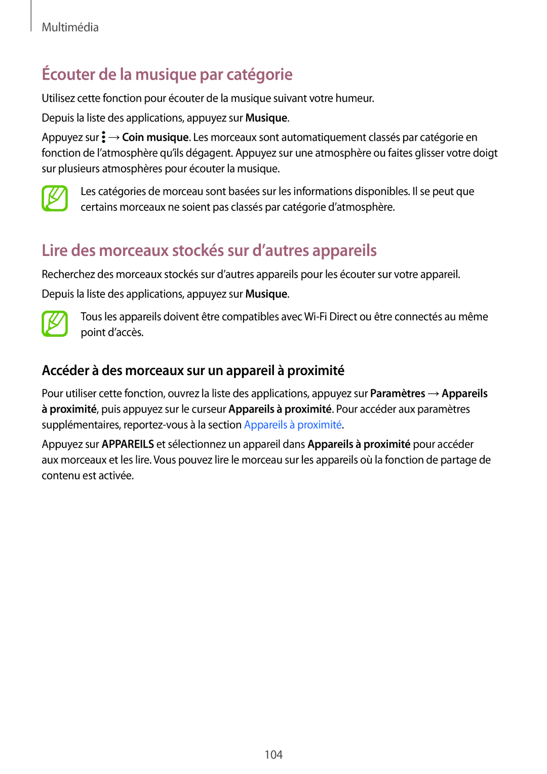 Samsung SM-G850FHSEFTM manual Écouter de la musique par catégorie, Lire des morceaux stockés sur d’autres appareils 