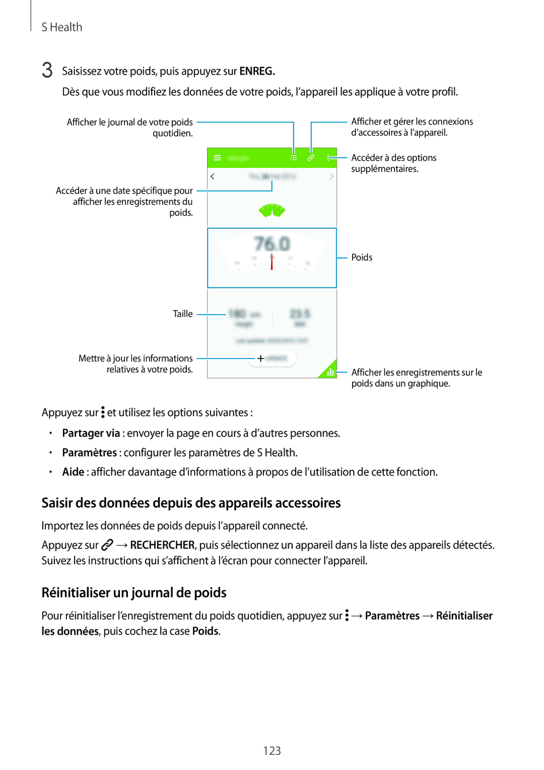 Samsung SM-G850FZDEXEF manual Saisir des données depuis des appareils accessoires, Réinitialiser un journal de poids 