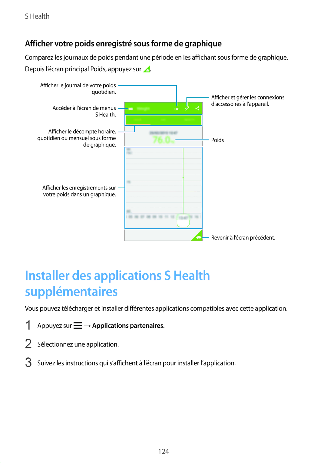 Samsung SM-G850FZDEFTM, SM-G850FZKEXEF manual Installer des applications S Health supplémentaires, →Applications partenaires 