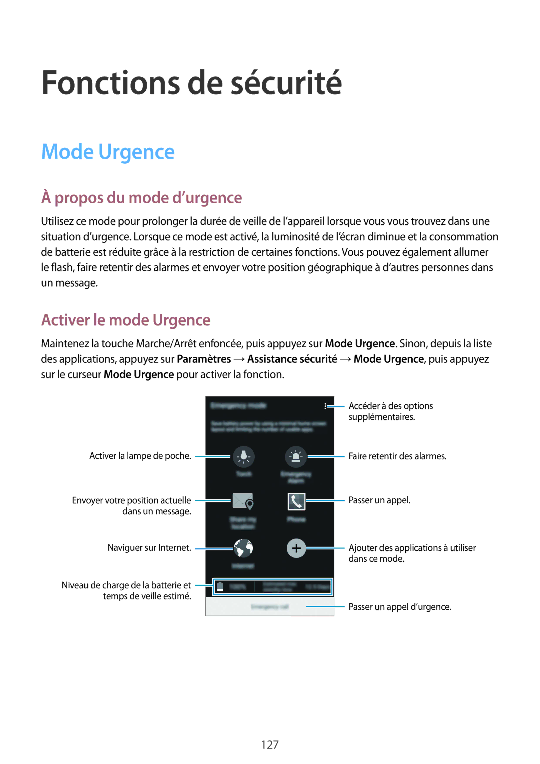 Samsung SM-G850FHSEBOG manual Fonctions de sécurité, Mode Urgence, Propos du mode d’urgence, Activer le mode Urgence 