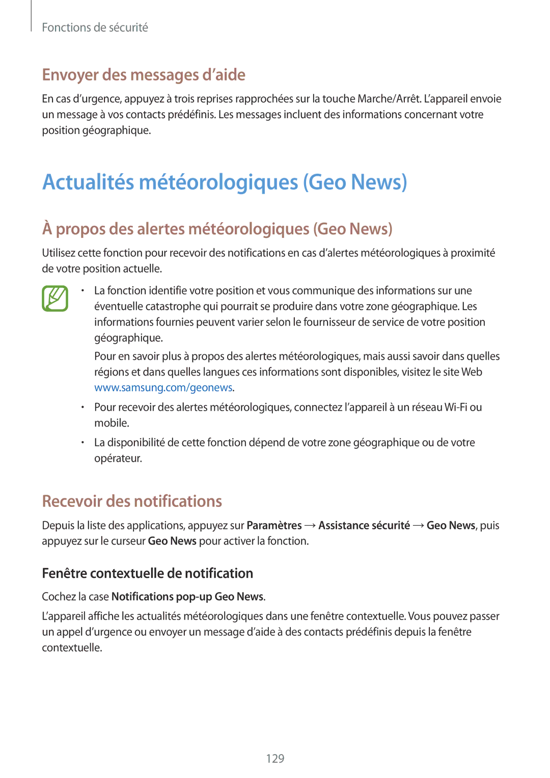 Samsung SM-G850FHSEXEF manual Actualités météorologiques Geo News, Envoyer des messages d’aide, Recevoir des notifications 