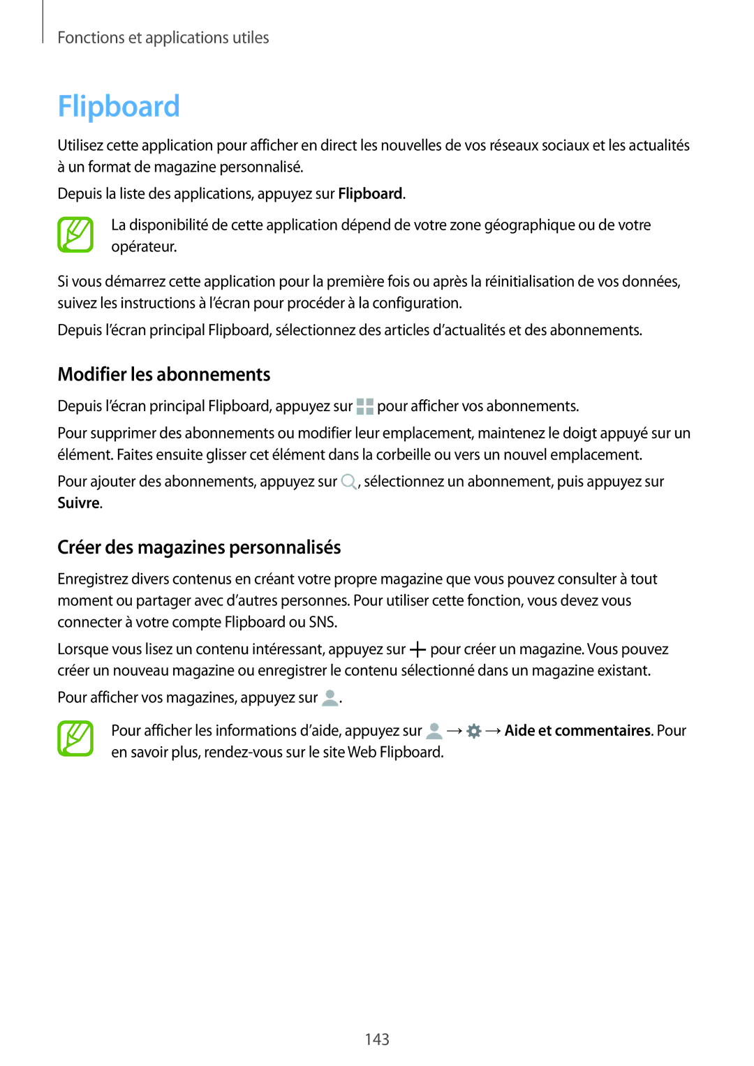 Samsung SM-G850FHSESFR, SM-G850FZKEXEF manual Flipboard, Modifier les abonnements, Créer des magazines personnalisés 