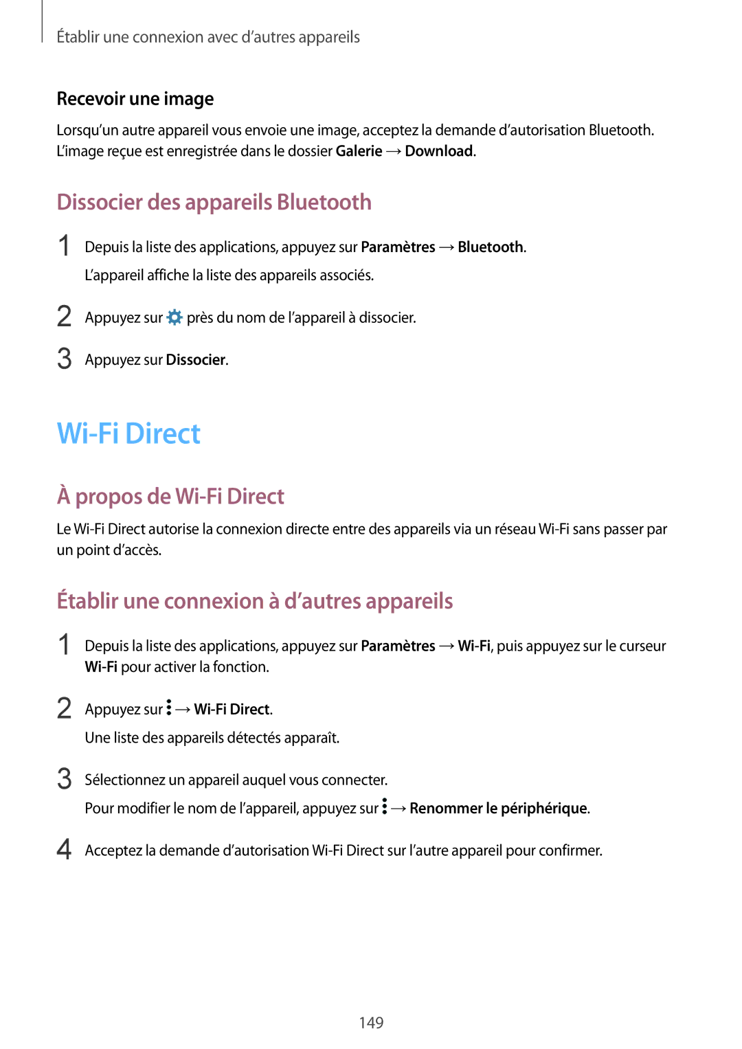 Samsung SM-G850FHSEFTM, SM-G850FZKEXEF Dissocier des appareils Bluetooth, Propos de Wi-Fi Direct, Recevoir une image 