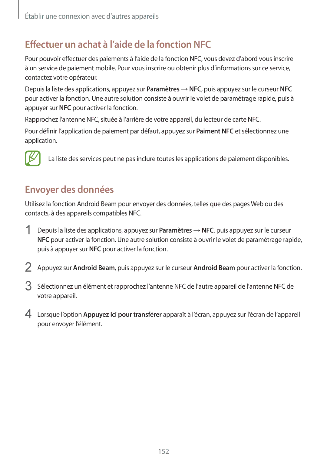 Samsung SM-G850FHSESFR, SM-G850FZKEXEF, SM-G850FHSEBOG Effectuer un achat à l’aide de la fonction NFC, Envoyer des données 