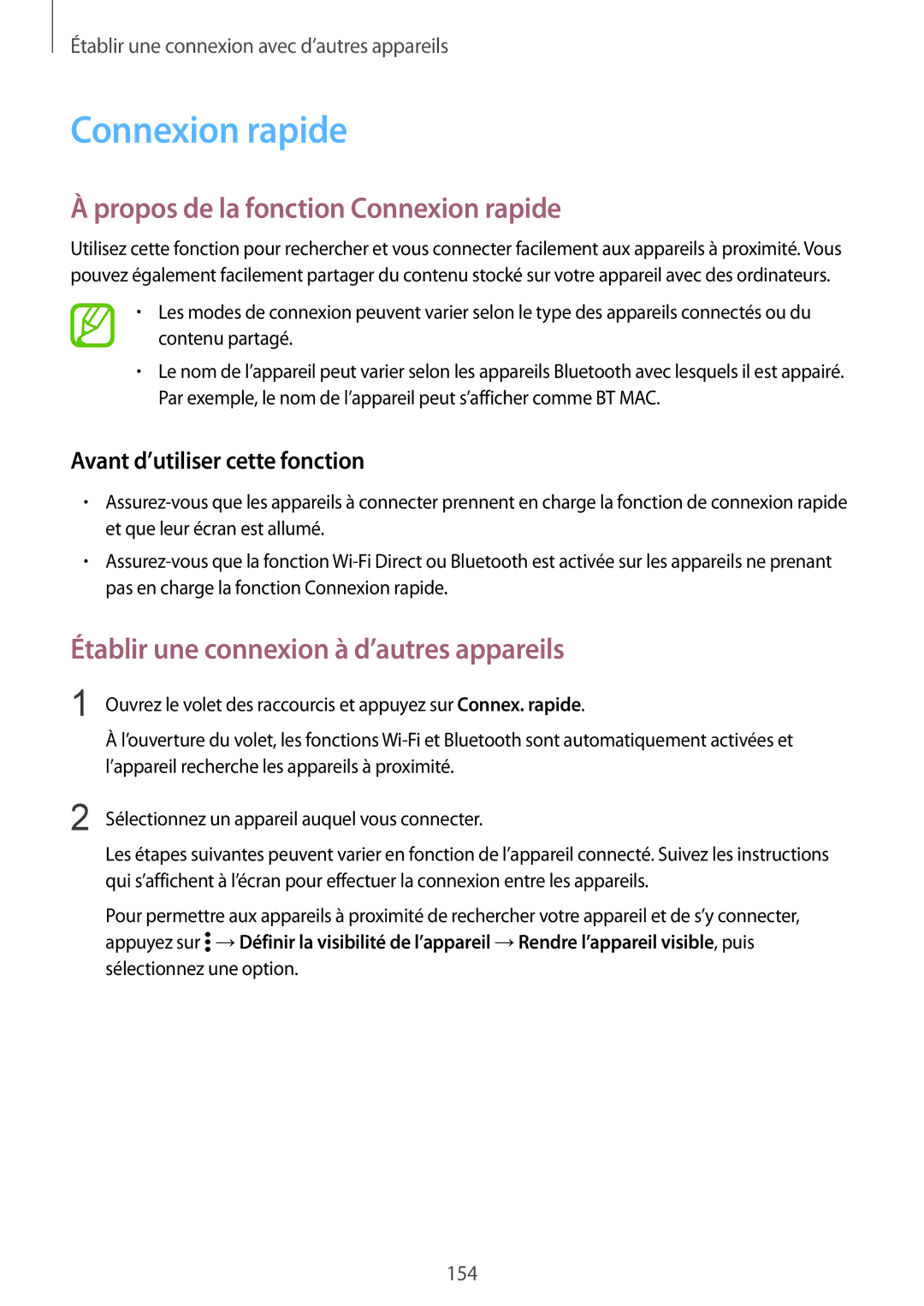 Samsung SM-G850FHSEBOG, SM-G850FZKEXEF manual Propos de la fonction Connexion rapide, Avant d’utiliser cette fonction 