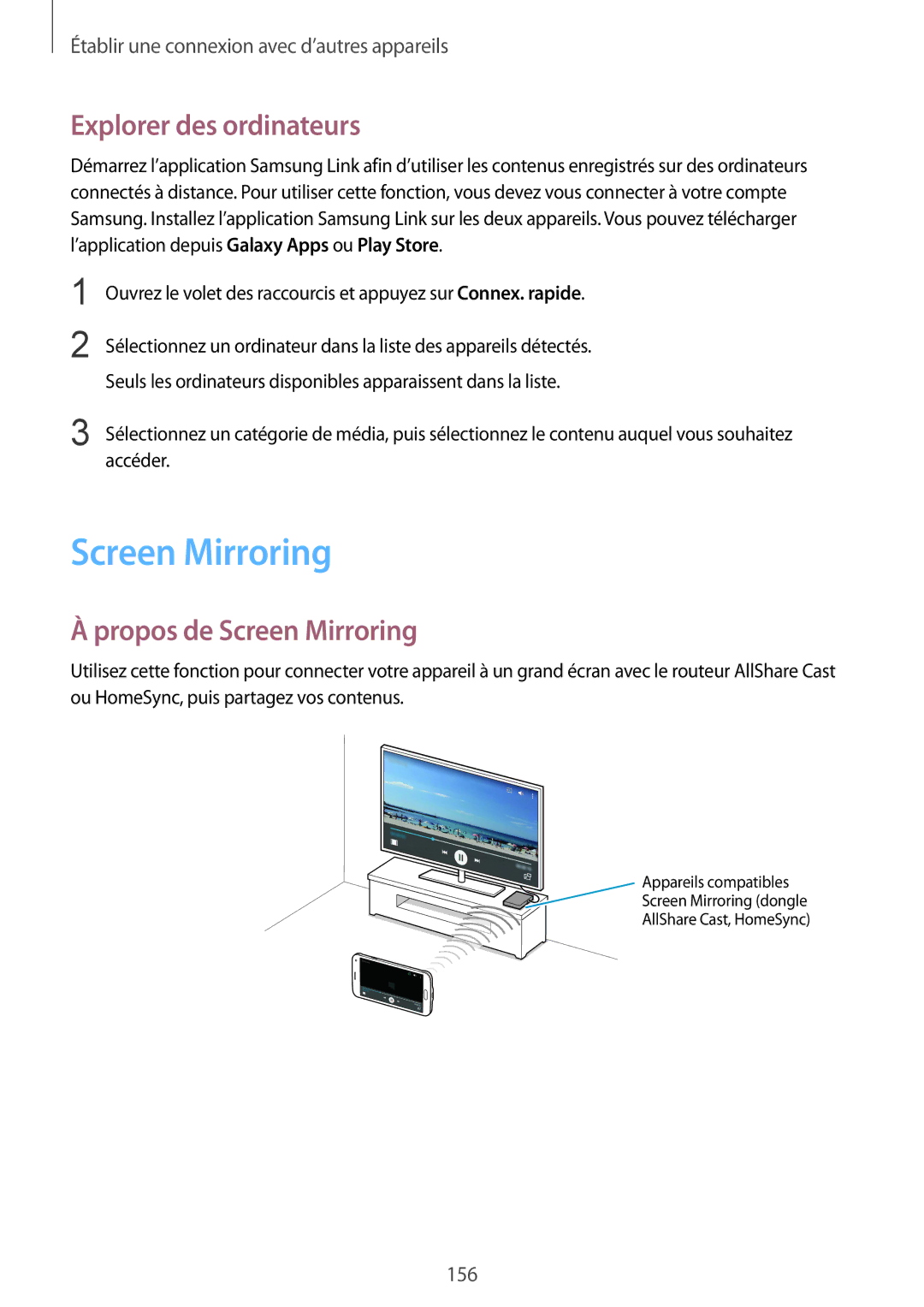 Samsung SM-G850FHSEXEF, SM-G850FZKEXEF, SM-G850FHSEBOG manual Explorer des ordinateurs, Propos de Screen Mirroring 