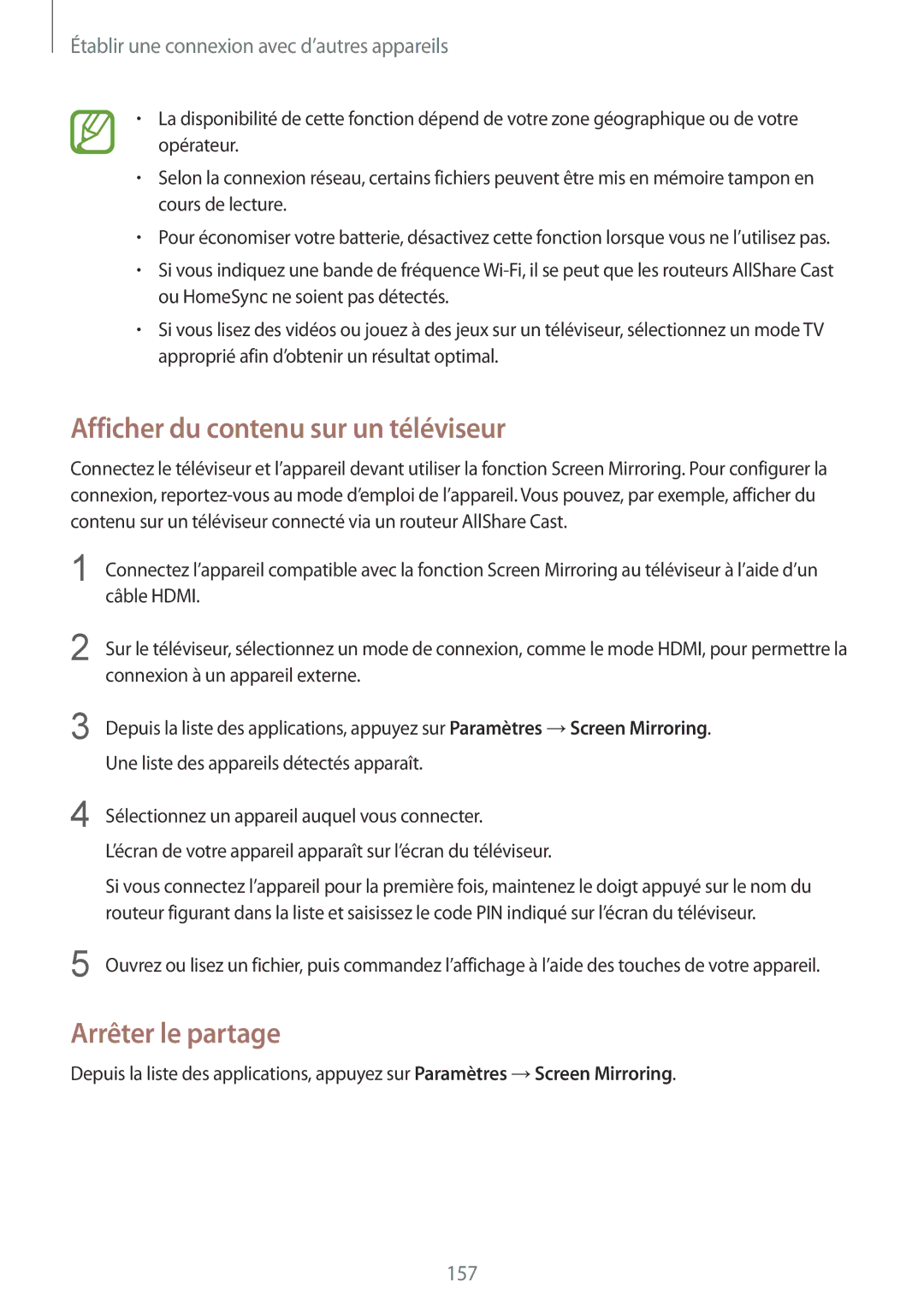 Samsung SM-G850FZDEBOG, SM-G850FZKEXEF, SM-G850FHSEBOG manual Afficher du contenu sur un téléviseur, Arrêter le partage 