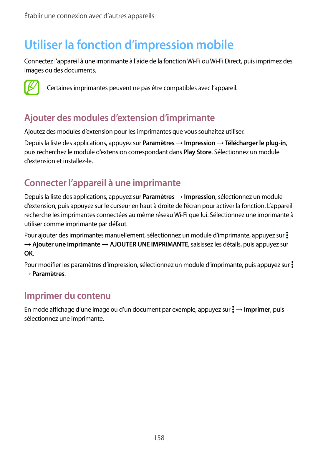 Samsung SM-G850FHSEFTM manual Utiliser la fonction d’impression mobile, Ajouter des modules d’extension d’imprimante 