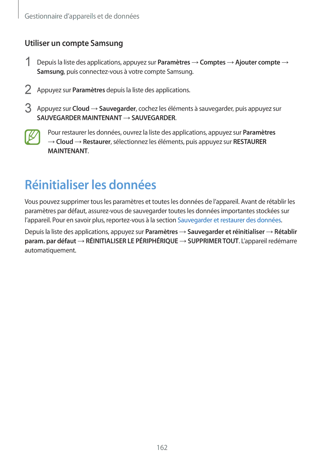 Samsung SM-G850FZKEXEF, SM-G850FHSEBOG, SM-G850FZDESFR, SM-G850FHSEXEF Réinitialiser les données, Utiliser un compte Samsung 