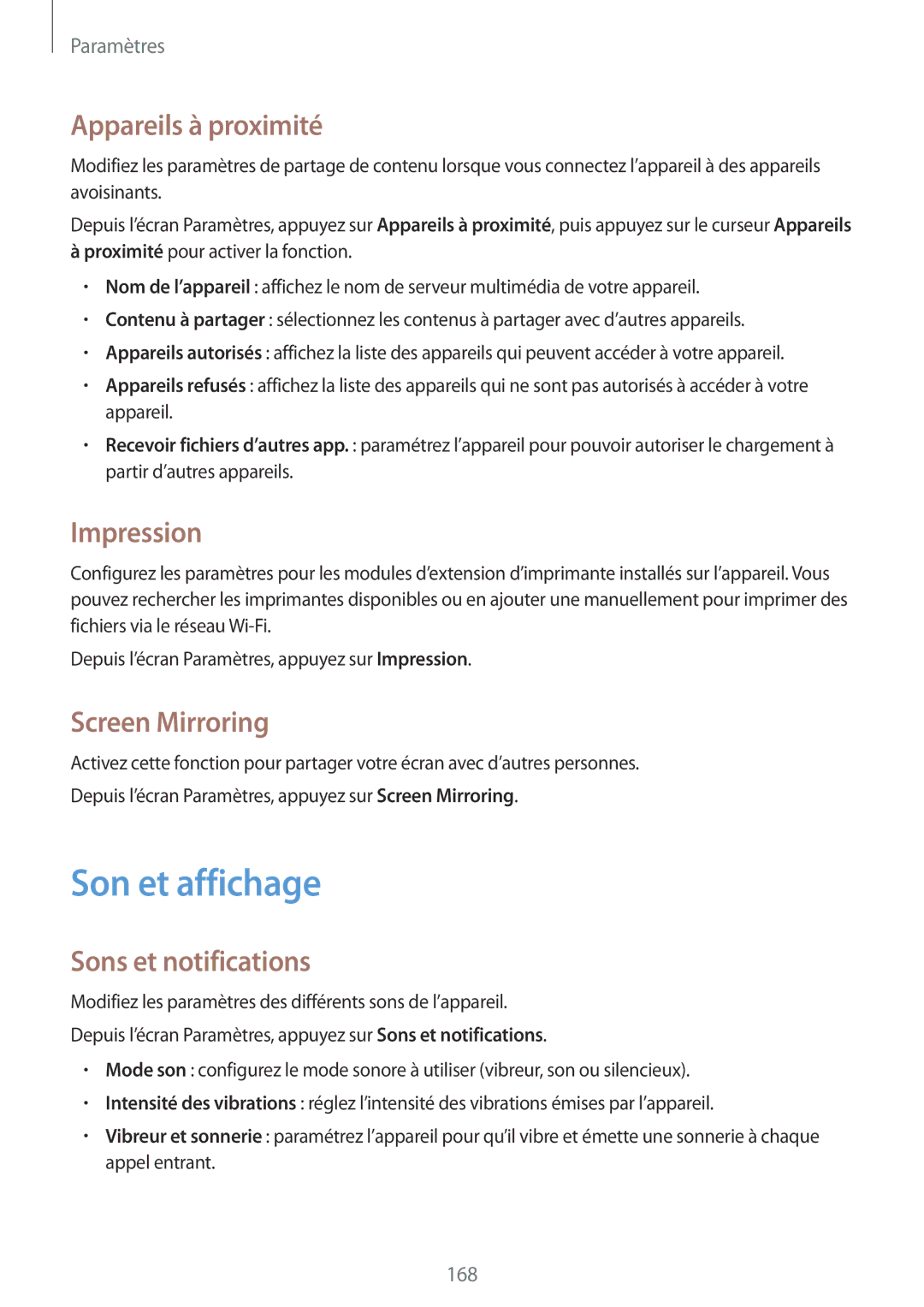 Samsung SM-G850FZDEXEF manual Son et affichage, Appareils à proximité, Impression, Screen Mirroring, Sons et notifications 