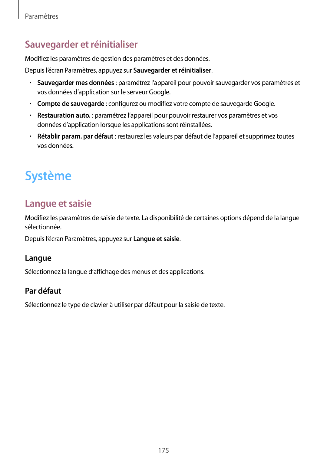 Samsung SM-G850FZDEBOG, SM-G850FZKEXEF, SM-G850FHSEBOG Système, Sauvegarder et réinitialiser, Langue et saisie, Par défaut 