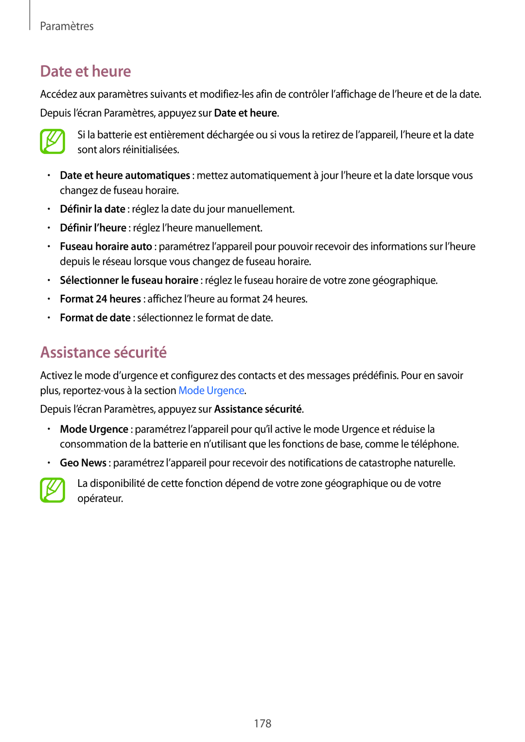 Samsung SM-G850FZDEFTM, SM-G850FZKEXEF, SM-G850FHSEBOG, SM-G850FZDESFR, SM-G850FHSEXEF Date et heure, Assistance sécurité 