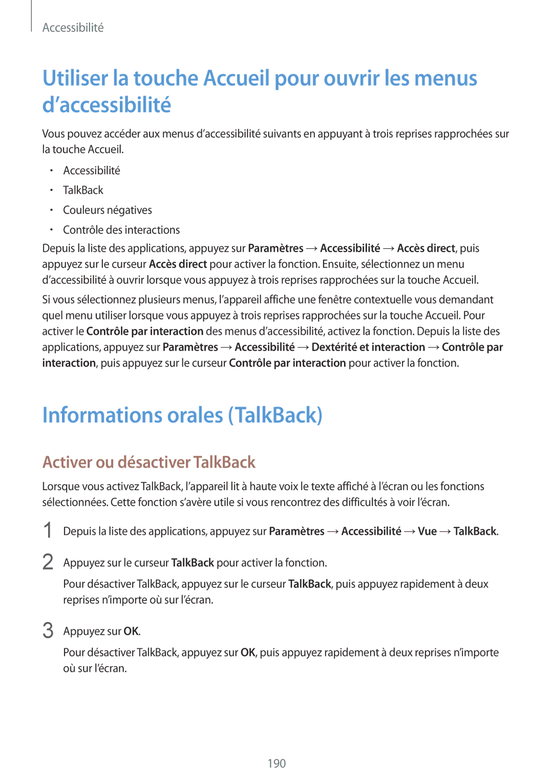 Samsung SM-G850FHSEBOG, SM-G850FZKEXEF, SM-G850FZDESFR manual Informations orales TalkBack, Activer ou désactiver TalkBack 