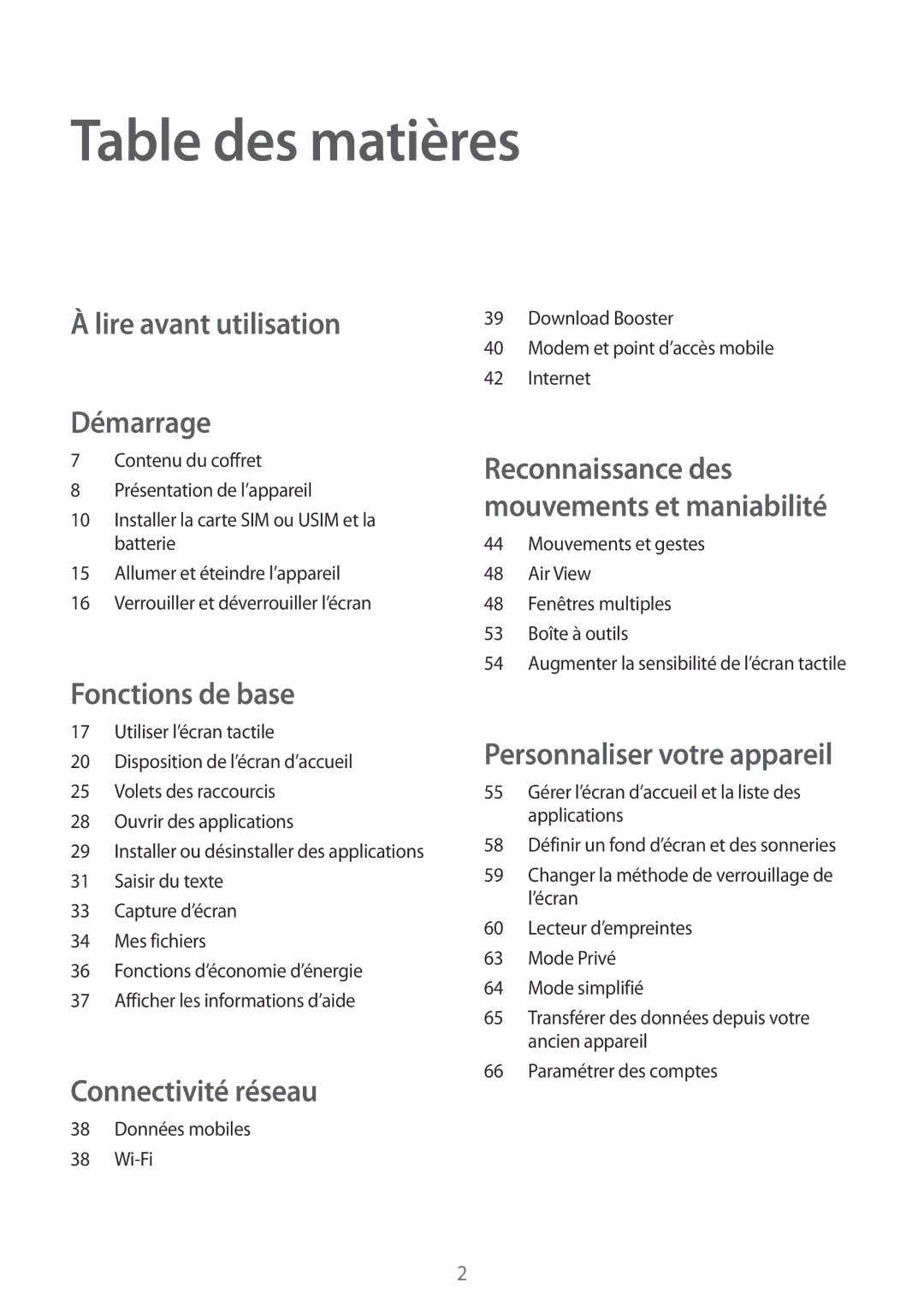 Samsung SM-G850FZDESFR, SM-G850FZKEXEF, SM-G850FHSEBOG, SM-G850FHSEXEF Table des matières, Lire avant utilisation Démarrage 