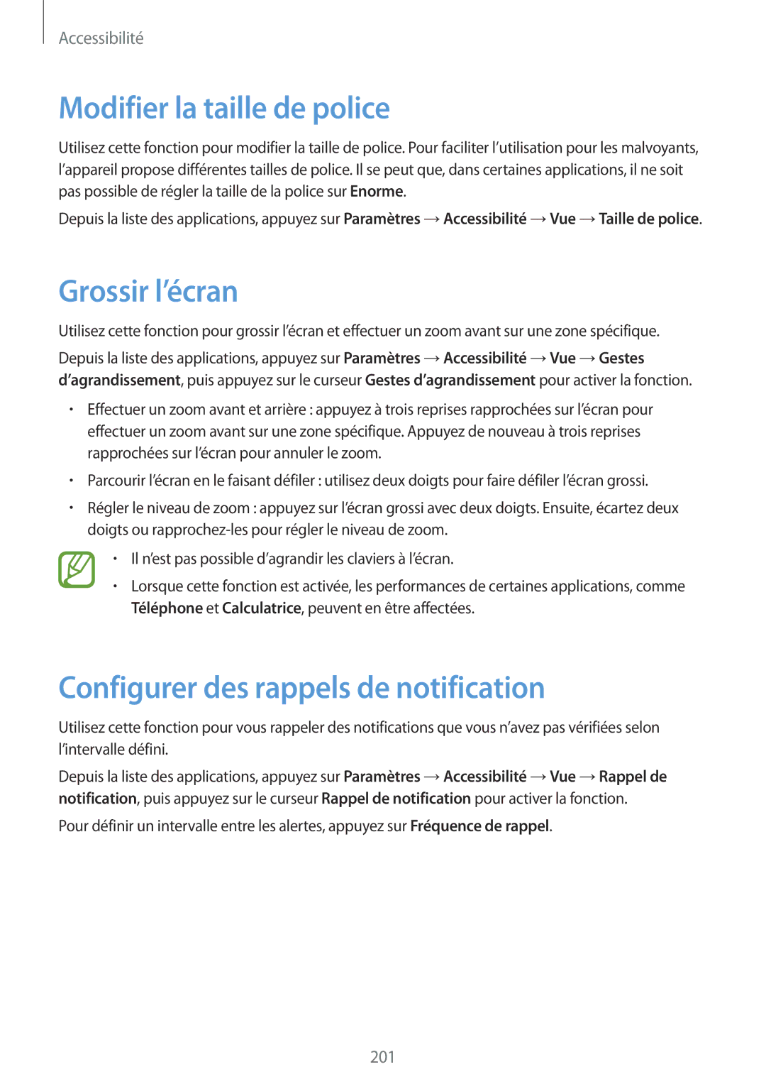 Samsung SM-G850FHSEXEF manual Modifier la taille de police, Grossir l’écran, Configurer des rappels de notification 