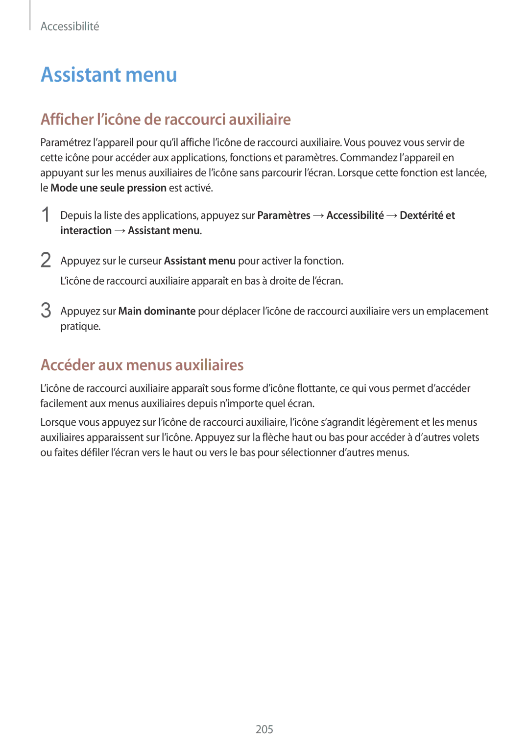 Samsung SM-G850FZDEFTM manual Assistant menu, Afficher l’icône de raccourci auxiliaire, Accéder aux menus auxiliaires 