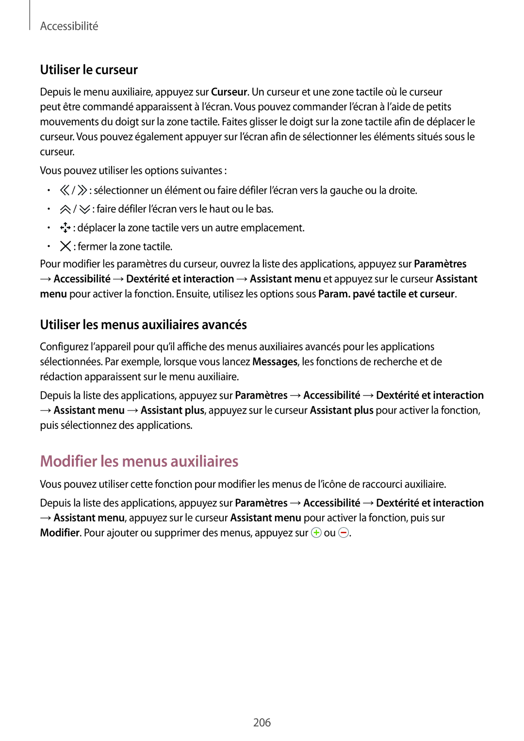 Samsung SM-G850FHSESFR manual Modifier les menus auxiliaires, Utiliser le curseur, Utiliser les menus auxiliaires avancés 