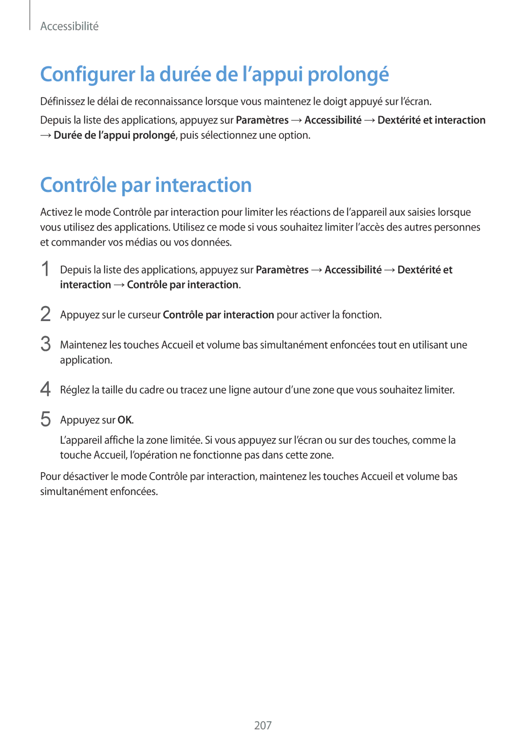 Samsung SM-G850FZKEXEF, SM-G850FHSEBOG, SM-G850FZDESFR Configurer la durée de l’appui prolongé, Contrôle par interaction 