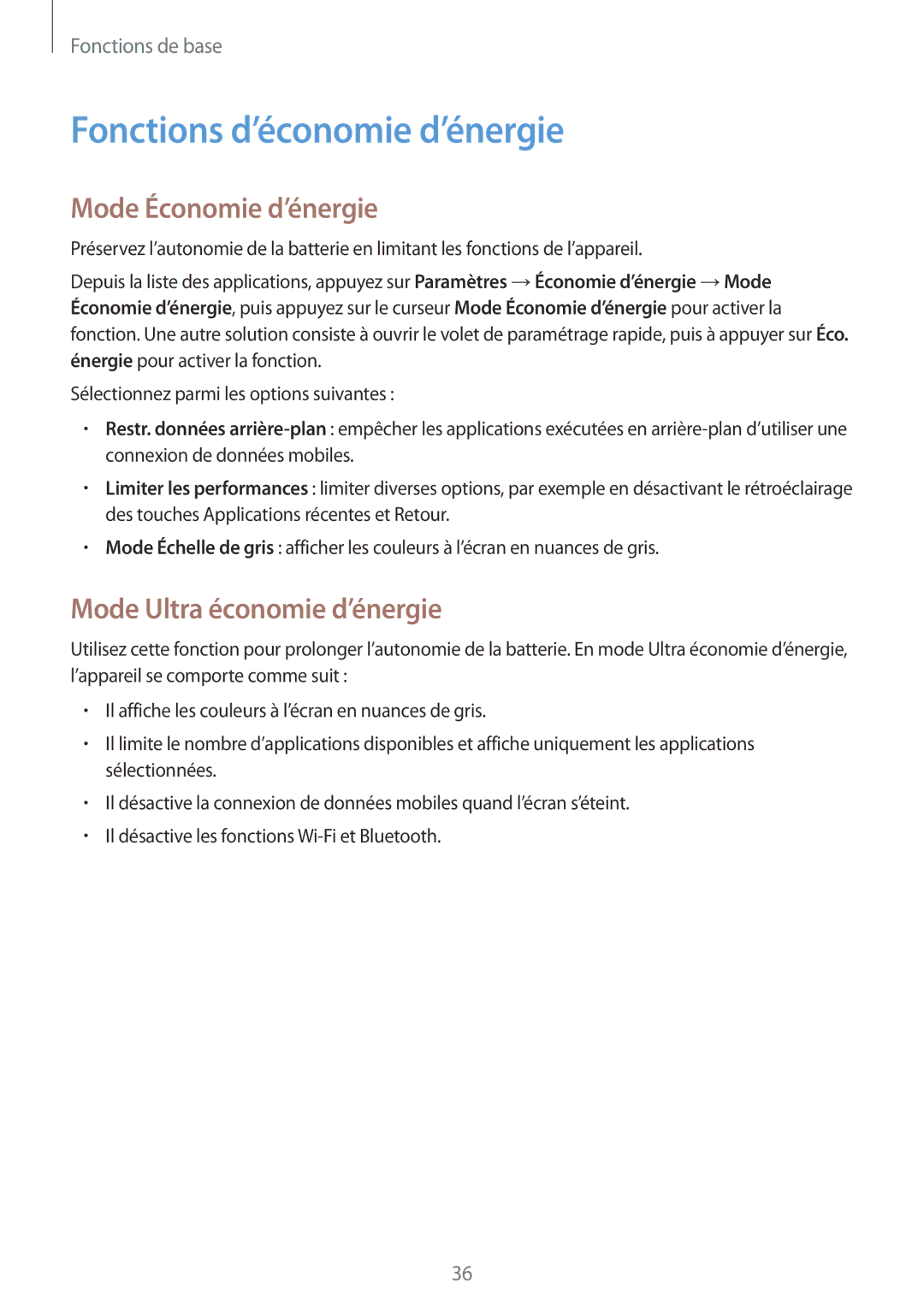 Samsung SM-G850FZKEXEF manual Fonctions d’économie d’énergie, Mode Économie d’énergie, Mode Ultra économie d’énergie 