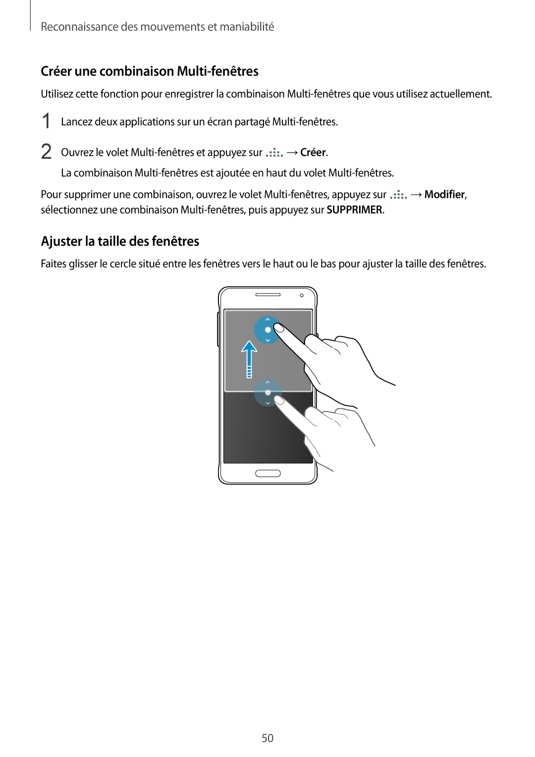 Samsung SM-G850FHSEFTM, SM-G850FZKEXEF, SM-G850FHSEBOG Créer une combinaison Multi-fenêtres, Ajuster la taille des fenêtres 