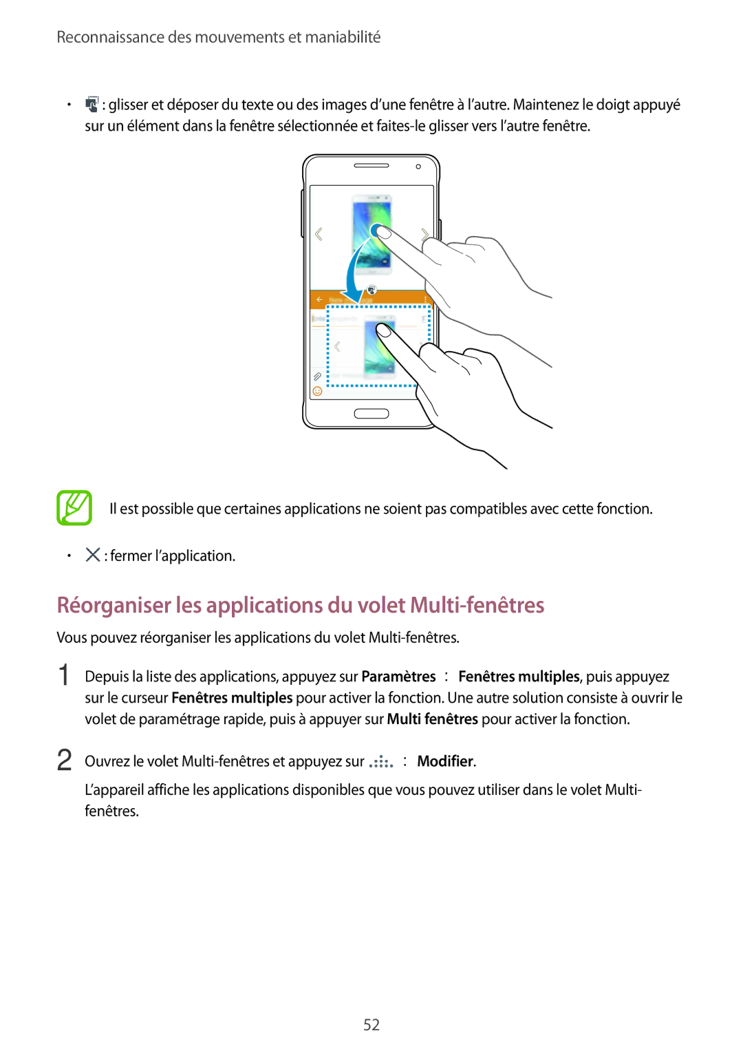 Samsung SM-G850FZDEFTM, SM-G850FZKEXEF, SM-G850FHSEBOG, SM-G850FZDESFR Réorganiser les applications du volet Multi-fenêtres 