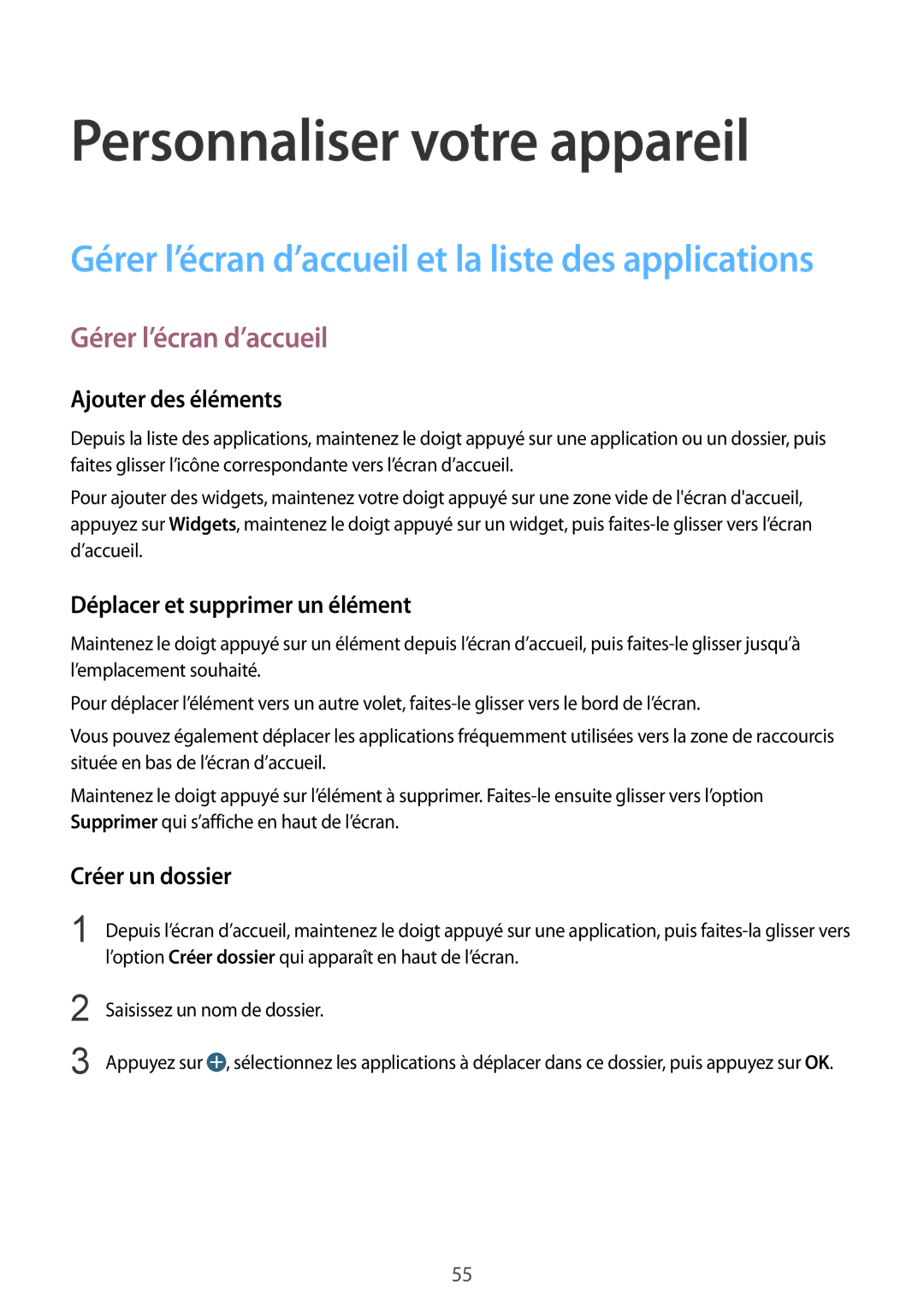 Samsung SM-G850FHSEBOG manual Personnaliser votre appareil, Gérer l’écran d’accueil, Ajouter des éléments, Créer un dossier 