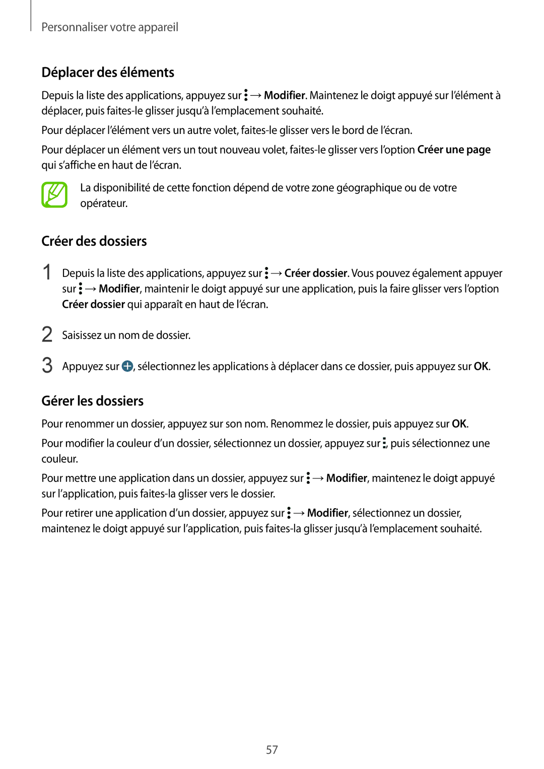 Samsung SM-G850FHSEXEF, SM-G850FZKEXEF, SM-G850FHSEBOG, SM-G850FZDESFR manual Déplacer des éléments, Créer des dossiers 