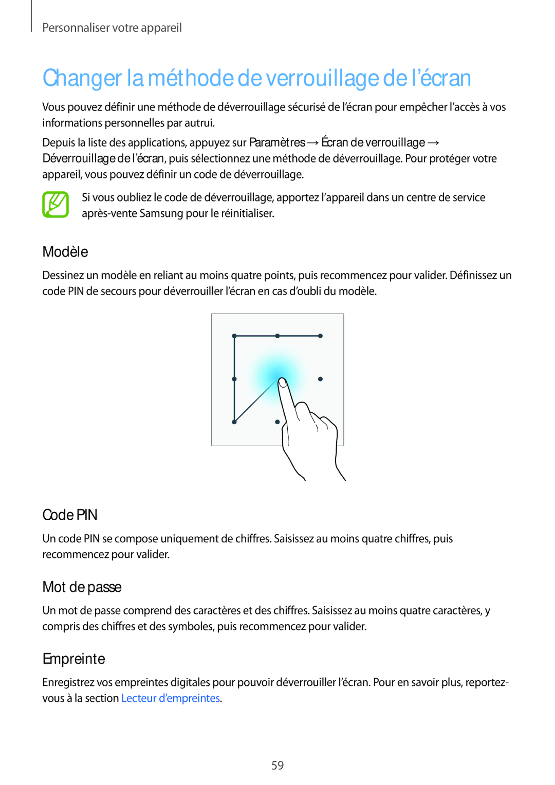 Samsung SM-G850FHSEFTM manual Changer la méthode de verrouillage de l’écran, Modèle, Code PIN, Mot de passe, Empreinte 