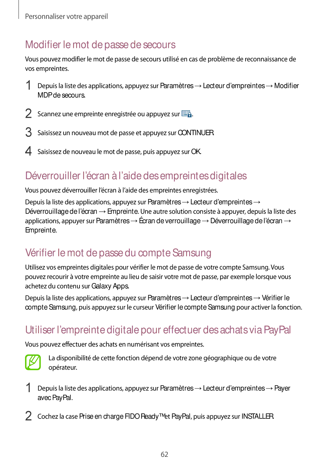 Samsung SM-G850FHSESFR manual Modifier le mot de passe de secours, Déverrouiller l’écran à l’aide des empreintes digitales 