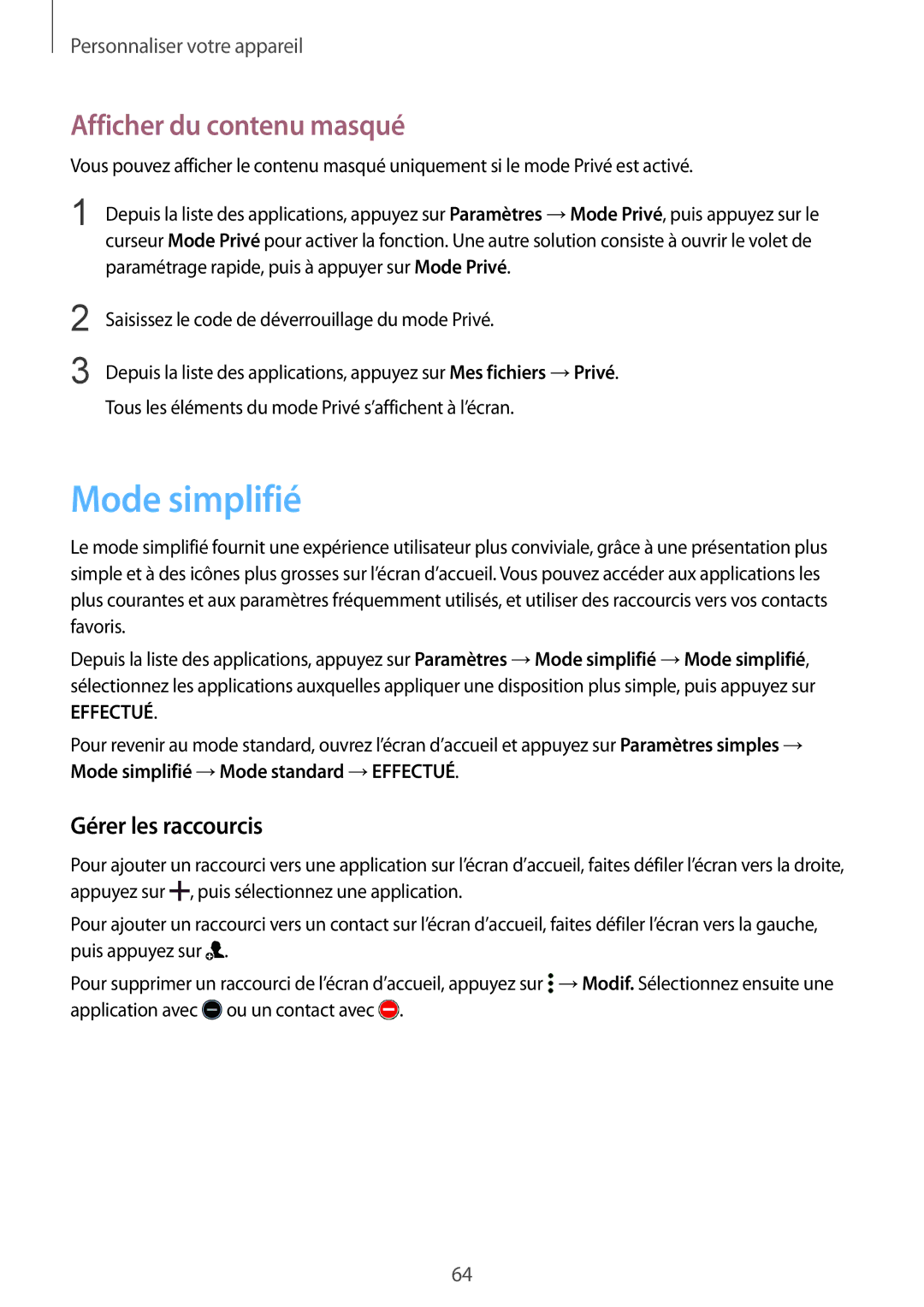 Samsung SM-G850FHSEBOG, SM-G850FZKEXEF, SM-G850FZDESFR Mode simplifié, Afficher du contenu masqué, Gérer les raccourcis 