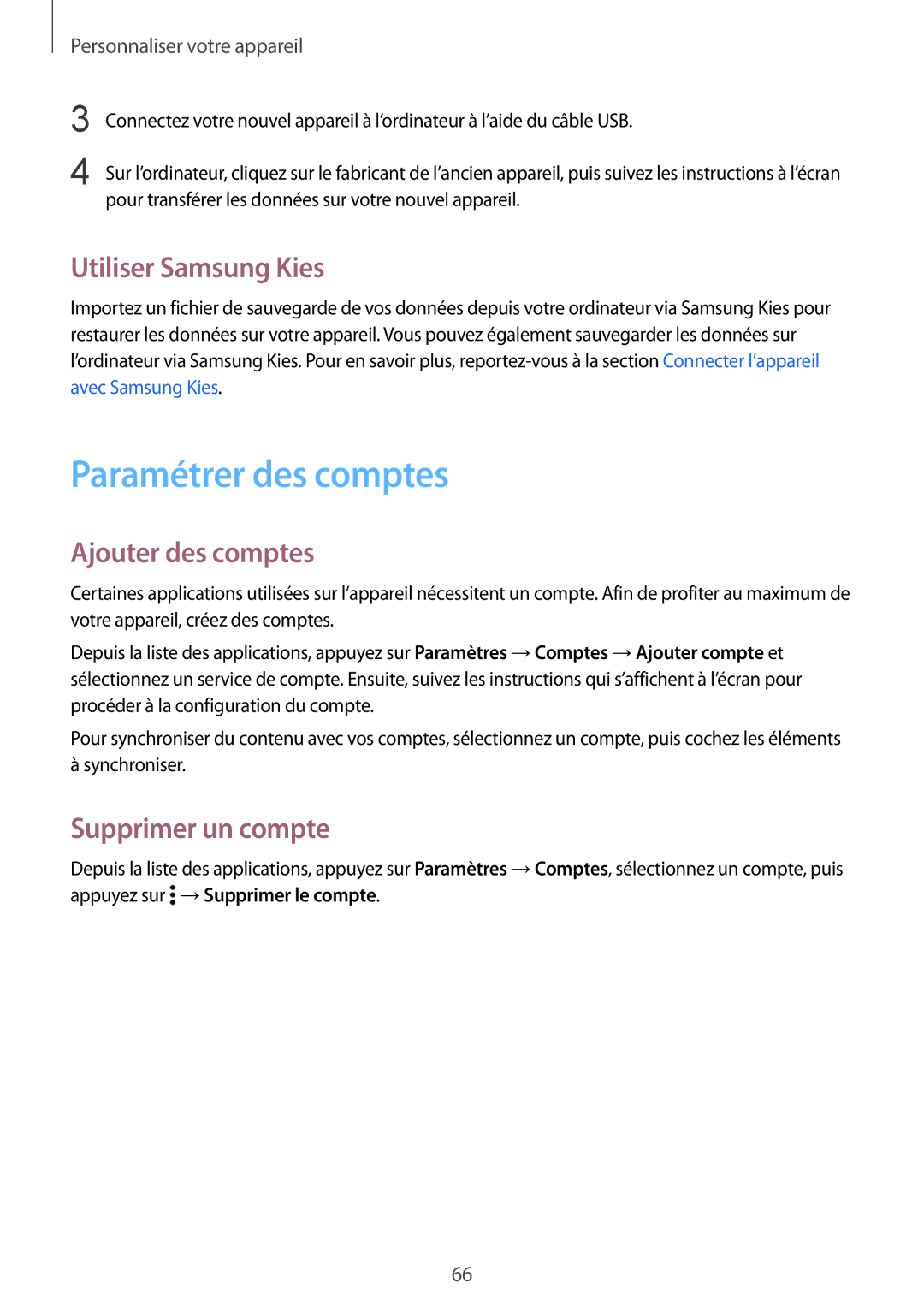 Samsung SM-G850FHSEXEF manual Paramétrer des comptes, Utiliser Samsung Kies, Ajouter des comptes, Supprimer un compte 