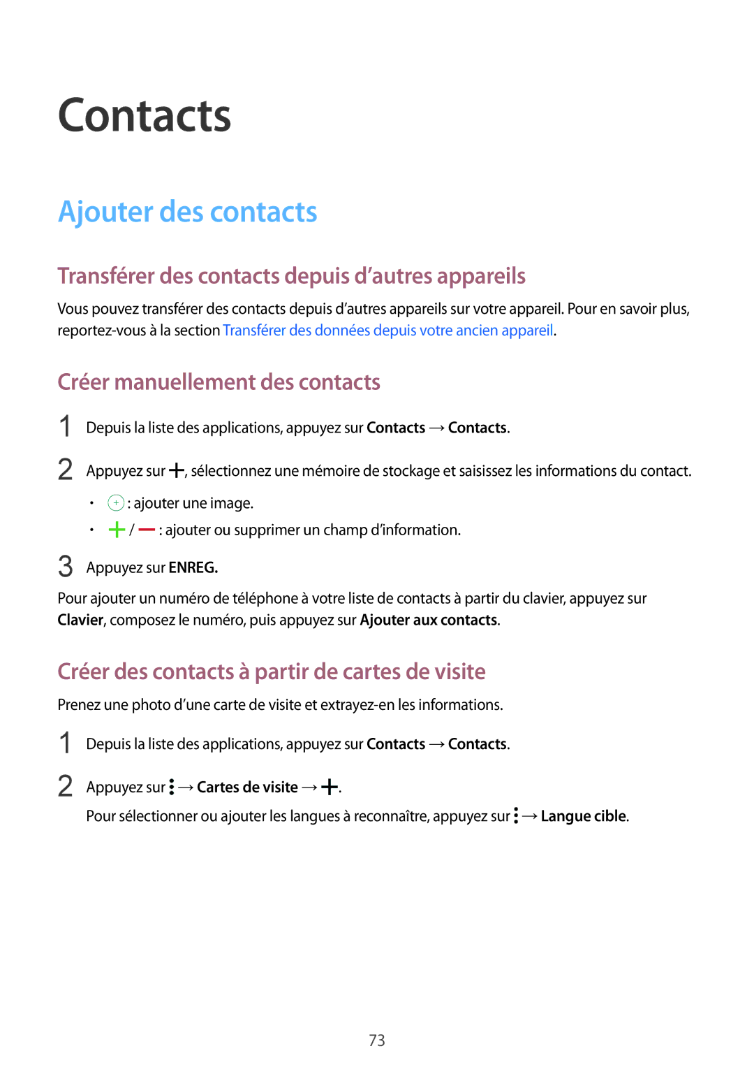 Samsung SM-G850FHSEBOG, SM-G850FZKEXEF Contacts, Ajouter des contacts, Transférer des contacts depuis d’autres appareils 