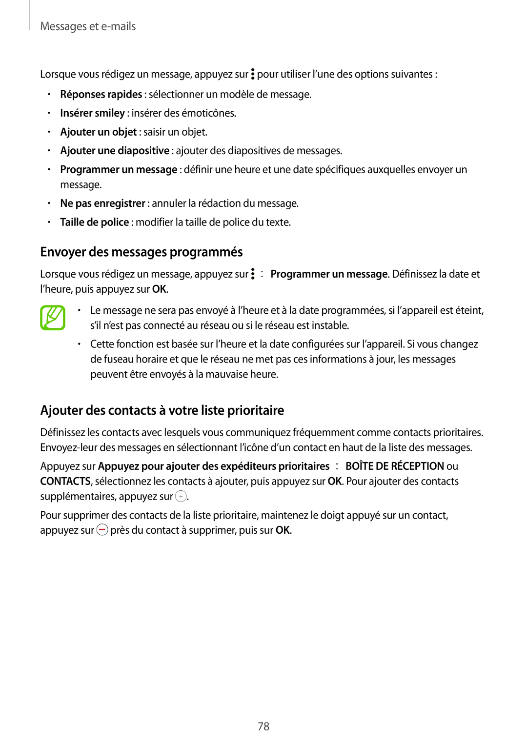 Samsung SM-G850FZDEXEF, SM-G850FZKEXEF Envoyer des messages programmés, Ajouter des contacts à votre liste prioritaire 