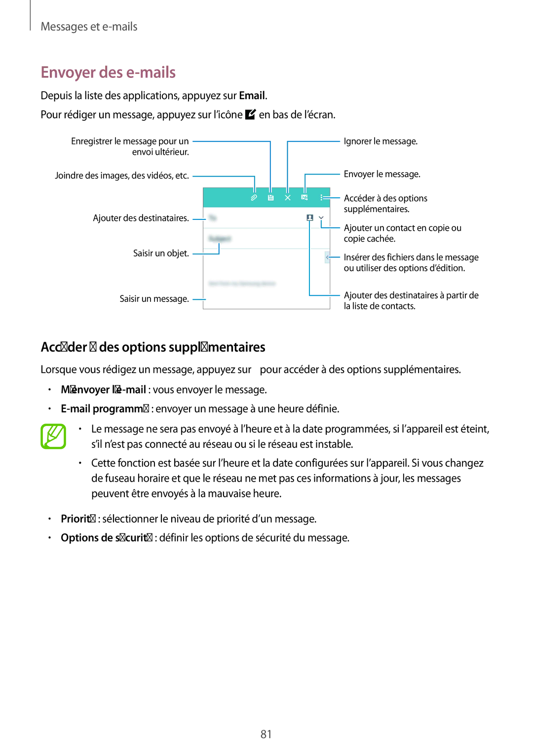 Samsung SM-G850FZKEXEF, SM-G850FHSEBOG, SM-G850FZDESFR manual Envoyer des e-mails, Accéder à des options supplémentaires 