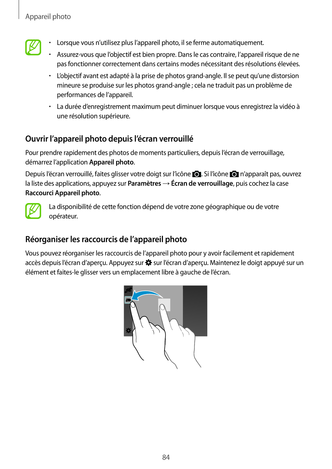 Samsung SM-G850FHSEXEF Ouvrir l’appareil photo depuis l’écran verrouillé, Réorganiser les raccourcis de l’appareil photo 