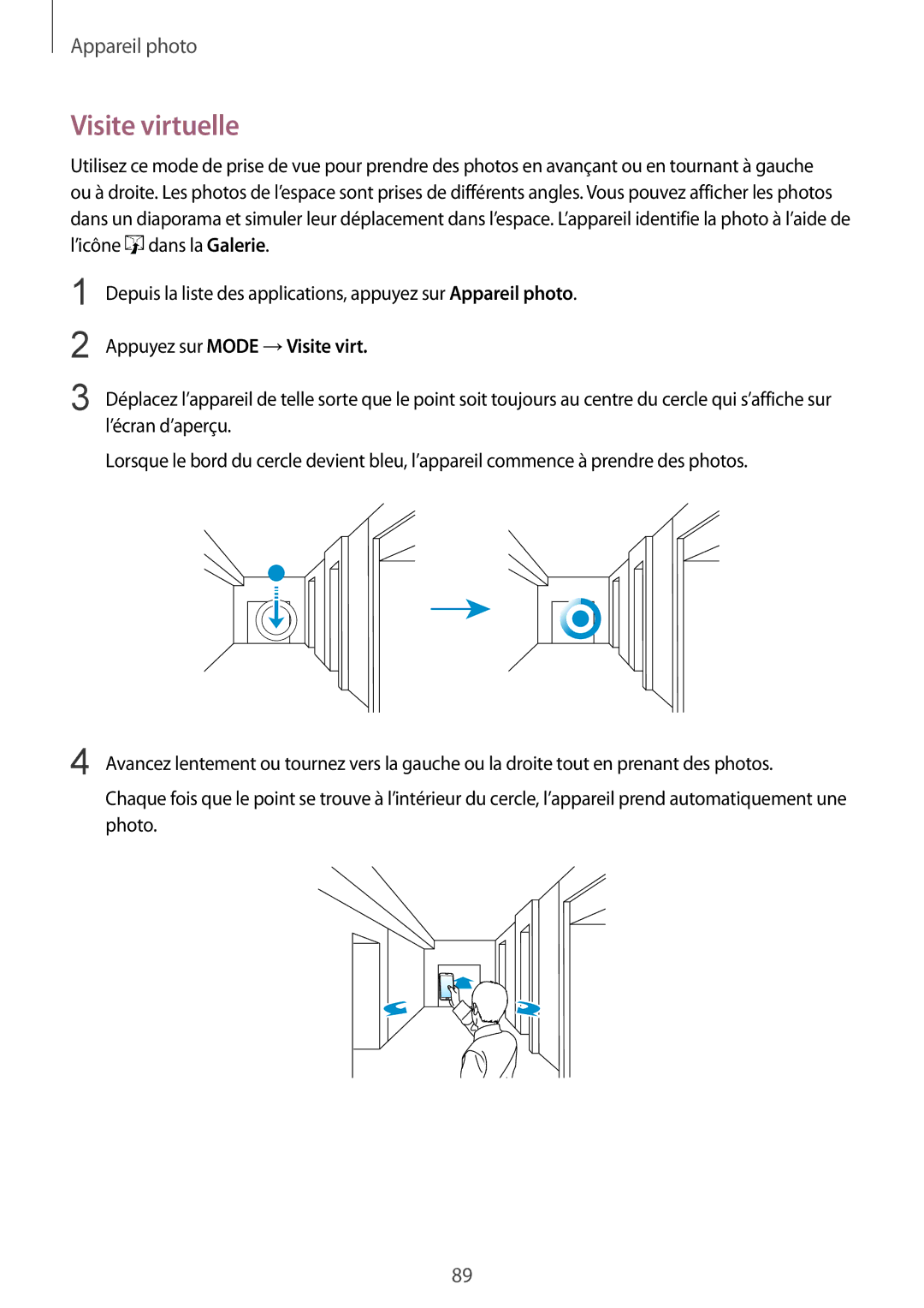 Samsung SM-G850FHSESFR, SM-G850FZKEXEF, SM-G850FHSEBOG, SM-G850FZDESFR manual Visite virtuelle, Appuyez sur Mode →Visite virt 
