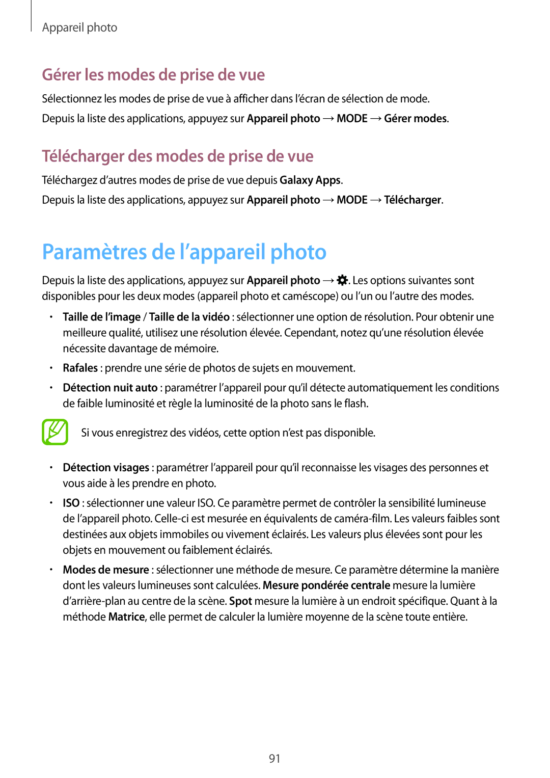 Samsung SM-G850FHSEBOG, SM-G850FZKEXEF, SM-G850FZDESFR manual Paramètres de l’appareil photo, Gérer les modes de prise de vue 