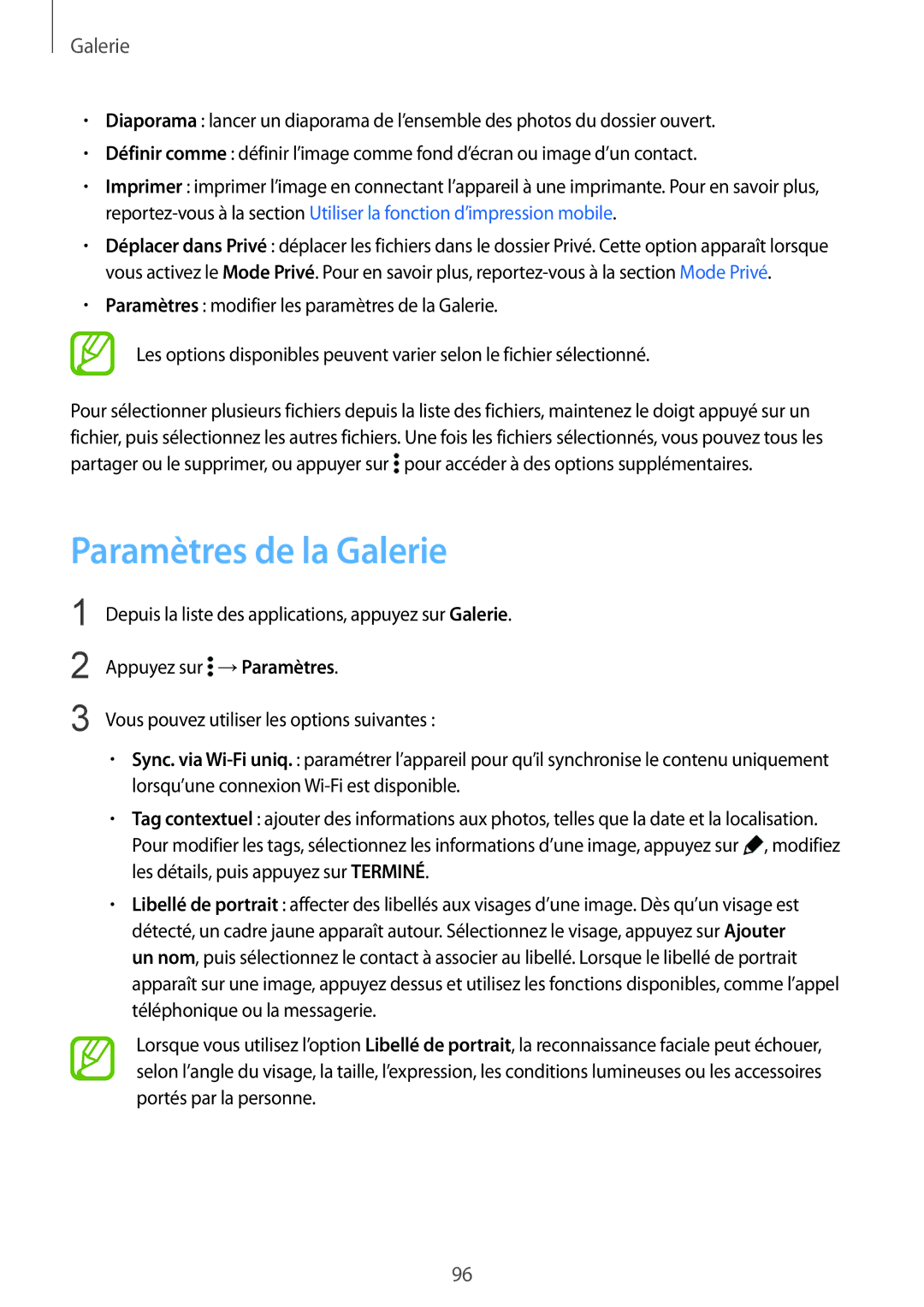 Samsung SM-G850FZDEXEF, SM-G850FZKEXEF, SM-G850FHSEBOG, SM-G850FZDESFR, SM-G850FHSEXEF manual Paramètres de la Galerie 