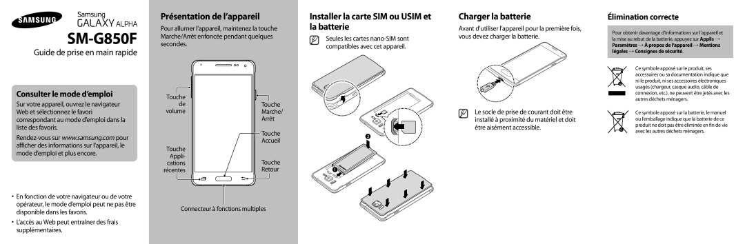 Samsung SM-G850FHSEBOG, SM-G850FZKEXEF manual Présentation de l’appareil, Installer la carte SIM ou Usim et la batterie 