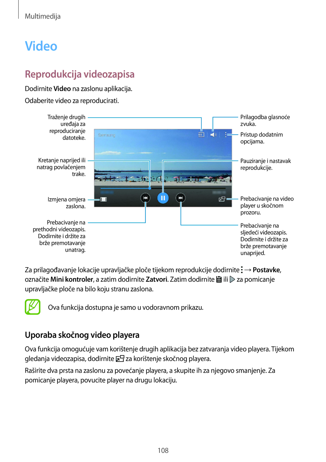 Samsung SM-G850FZWESEE, SM-G850FZDESEE, SM-G850FZKESEE manual Video, Reprodukcija videozapisa, Uporaba skočnog video playera 