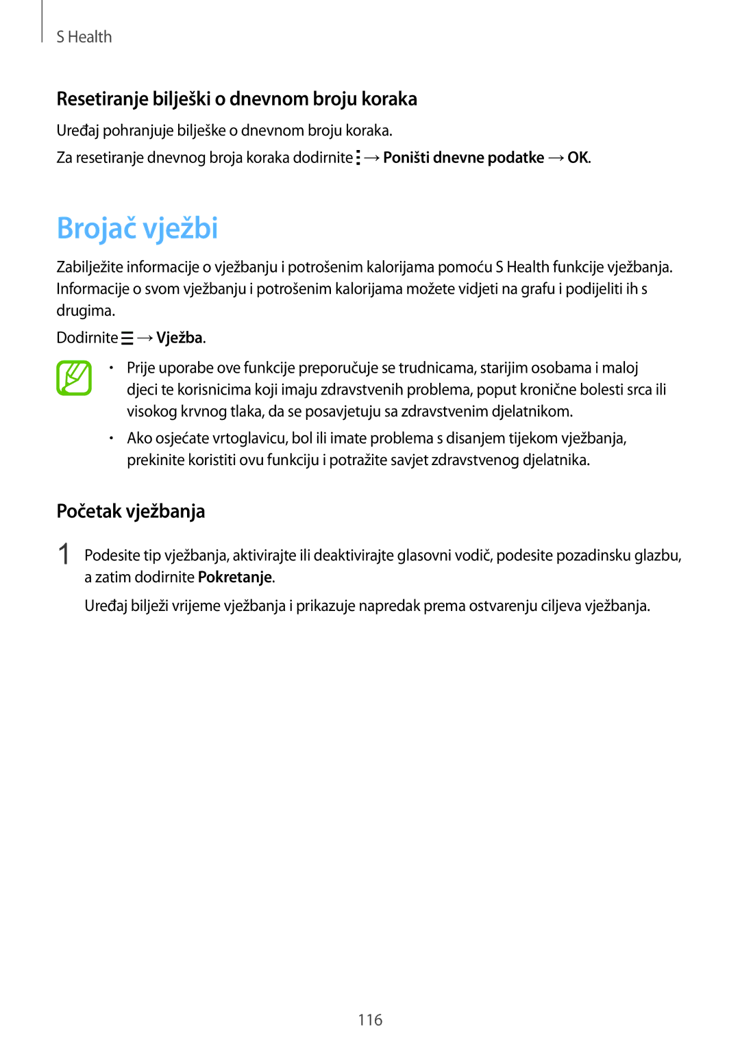 Samsung SM-G850FZKECRO manual Brojač vježbi, Resetiranje bilješki o dnevnom broju koraka, Početak vježbanja, →Vježba 