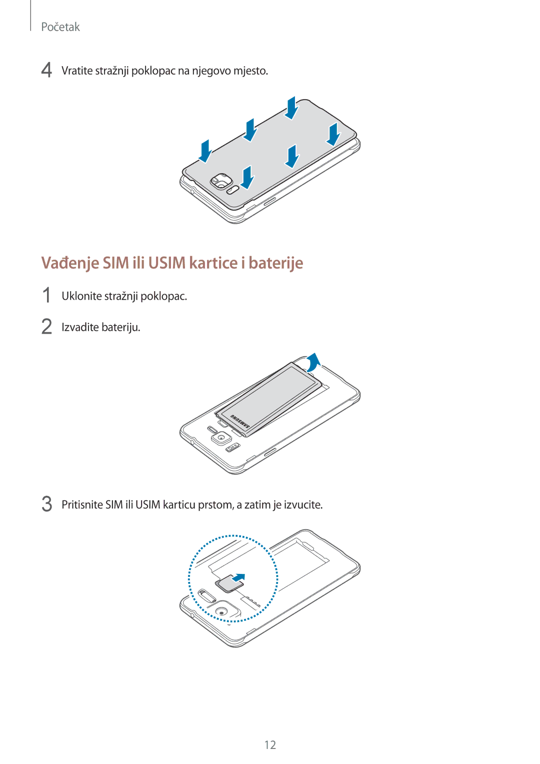 Samsung SM-G850FZWESEE manual Vađenje SIM ili Usim kartice i baterije, Vratite stražnji poklopac na njegovo mjesto 