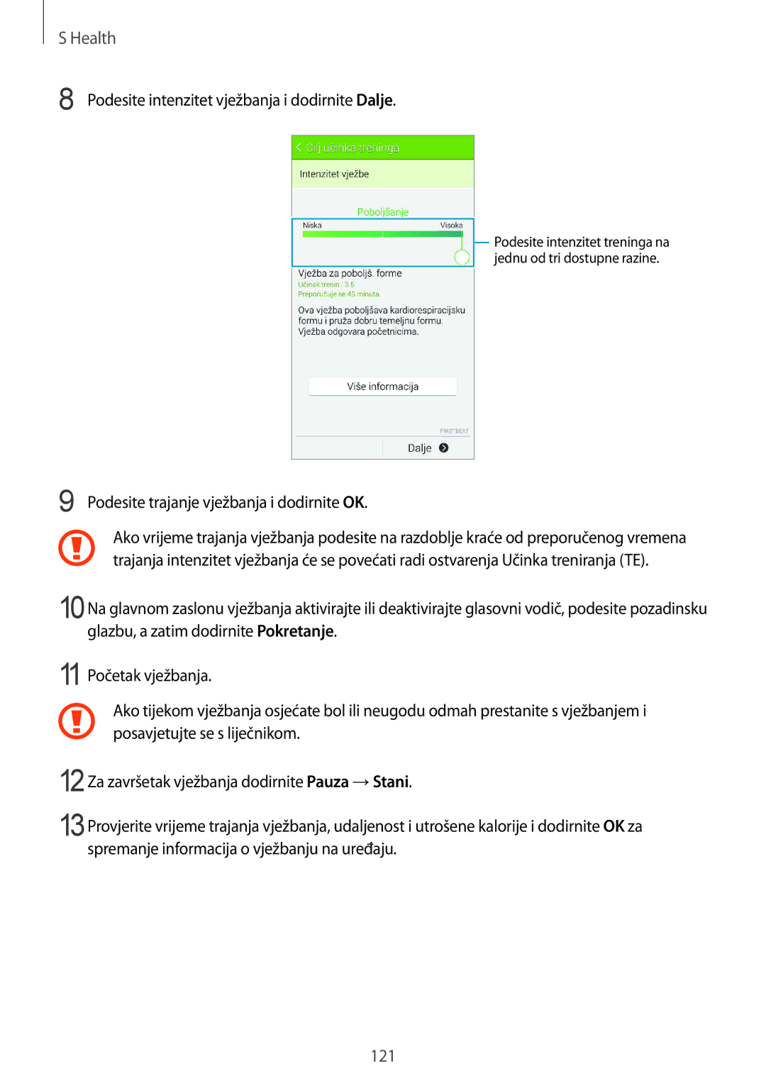 Samsung SM-G850FZDESEE manual Podesite intenzitet vježbanja i dodirnite Dalje, Podesite trajanje vježbanja i dodirnite OK 