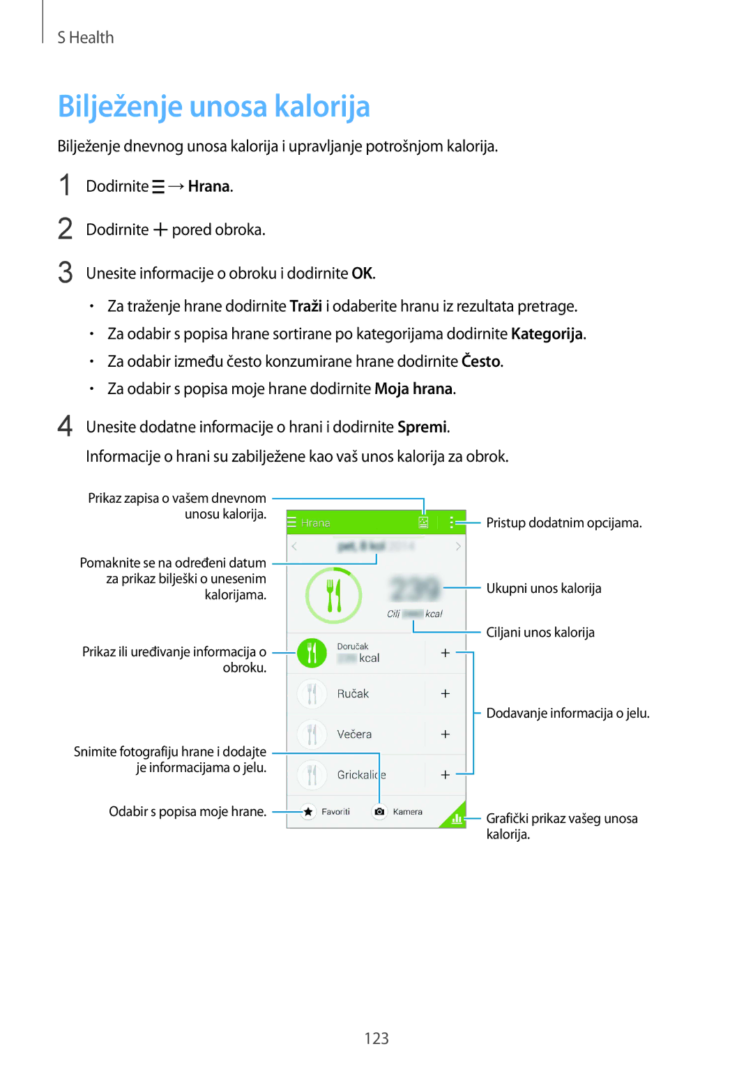 Samsung SM-G850FHSESEE, SM-G850FZWESEE, SM-G850FZDESEE, SM-G850FZKESEE, SM-G850FZWETWO manual Bilježenje unosa kalorija 