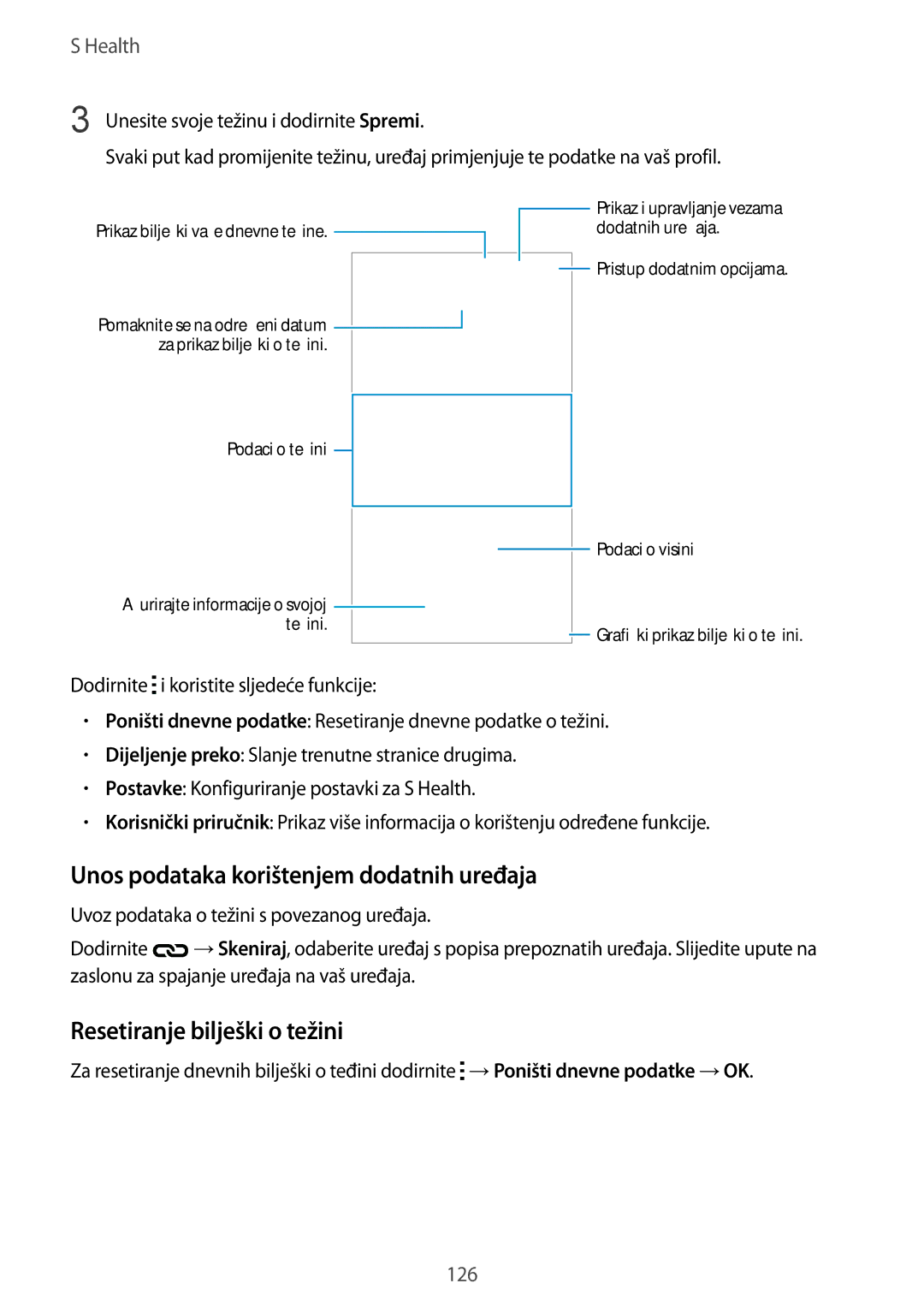 Samsung SM-G850FZDEVIP, SM-G850FZWESEE manual Unos podataka korištenjem dodatnih uređaja, Resetiranje bilješki o težini 